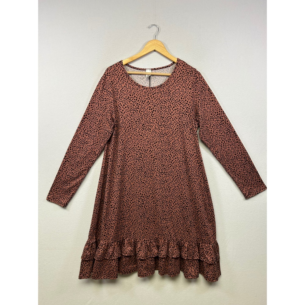 Acting Pro Cheetah Animal Print Women XL Rust Ruffle Hem Long Sleeve Shift Dress